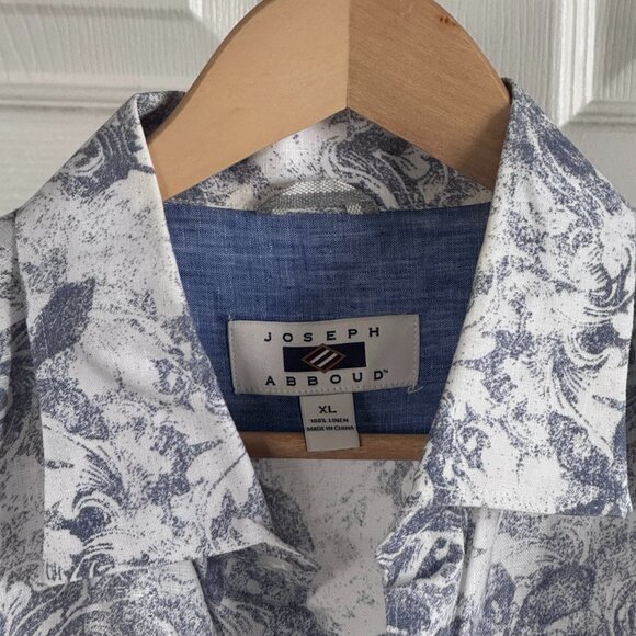 Joseph Abboud S/S Shirt w/ Navy Blue Floral Pattern on White Linen, XL - Picture 4 of 4
